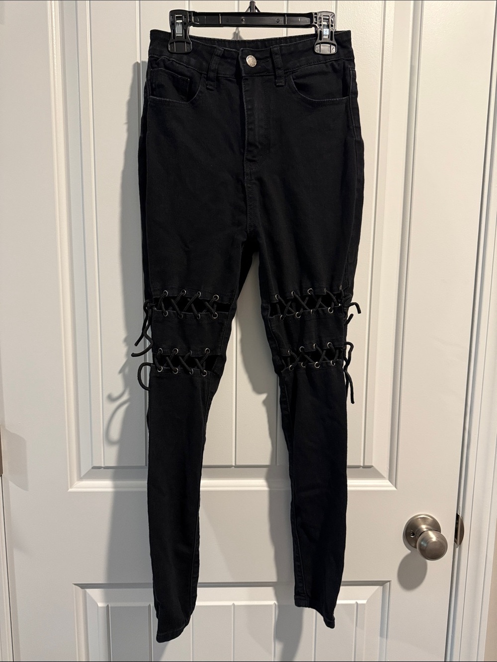 SHEIN Black Lace-Up Knee Skinny Jeans